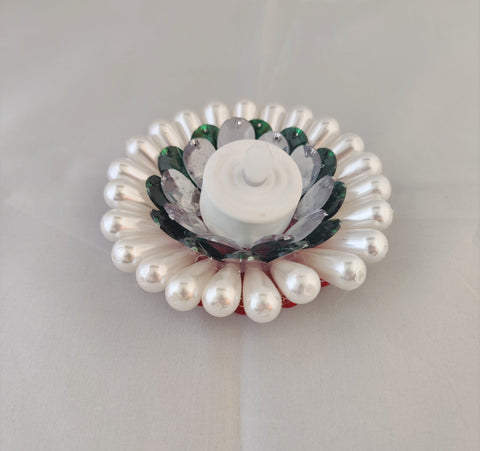 Pearl Flower Style with Green & White Crystal Petals Diya D26